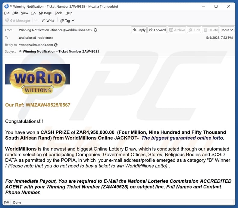 WorldMillions Lotto email spam campaign
