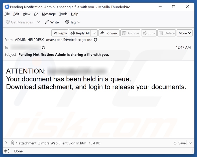 Your Document Has Been Held In A Queue email spam campaign