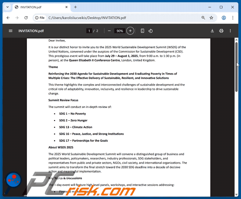 2025 World Sustainable Development Summit Invitation scam email attachment (INVITATION.pdf) GIF