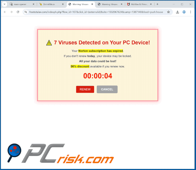 Appearance of 7 Viruses Detected On Your PC Device scam