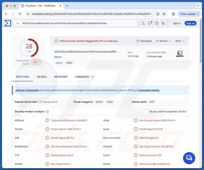Adicea.app adware detections on VirusTotal