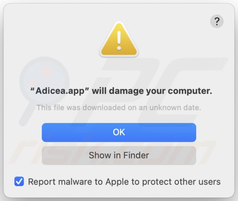 Pop-up displayed when Adicea.app adware is detected on the system