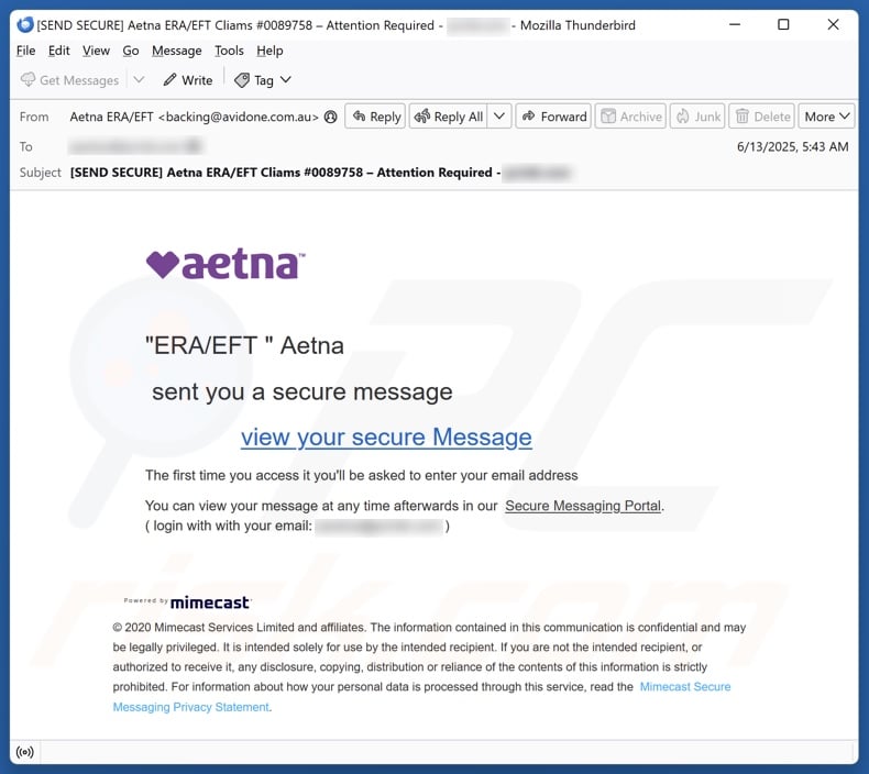 Aetna Sent You A Secure Message email spam campaign