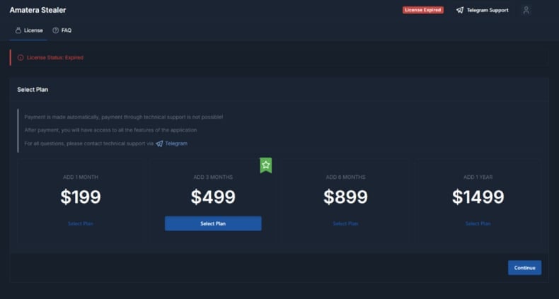 Amatera stealer pricing (source: proofpoint)