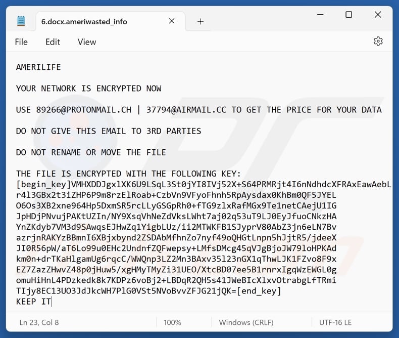 AMERILIFE ransomware ransom note ([encrypted_filename].ameriwasted_info)