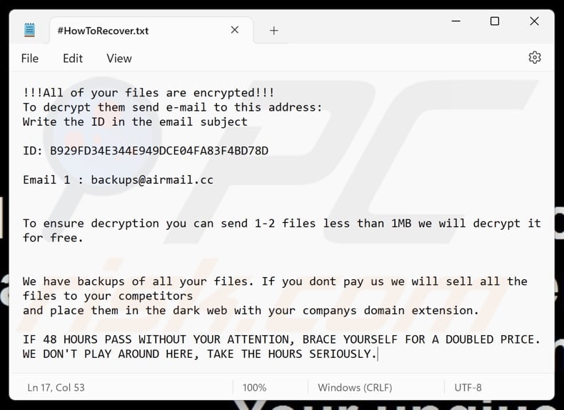 Backups ransomware text file (HowToRecover.txt)