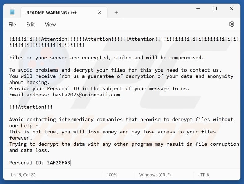 Basta ransomware text file (+README-WARNING+.txt)