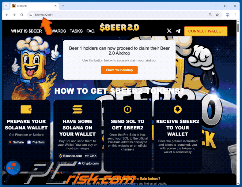 Appearance of Beercoin 2 ($BEER2) Airdrop scam (GIF)