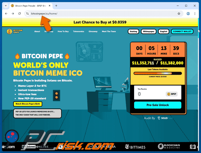 Appearance of Bitcoin Pepe Presale scam (GIF)
