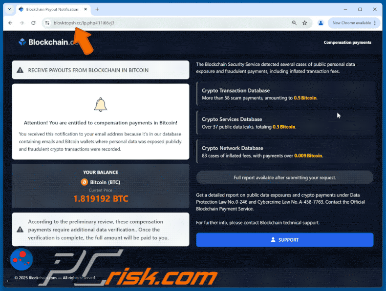Appearance of Blockchain.com Compensation Payments scam
