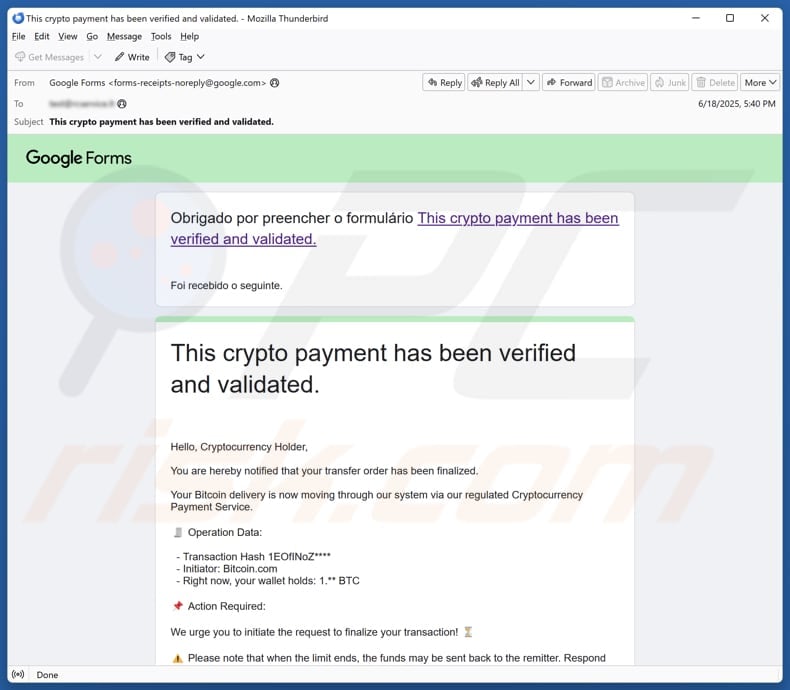 Blockchain.com Compensation Payments Scam promoting email