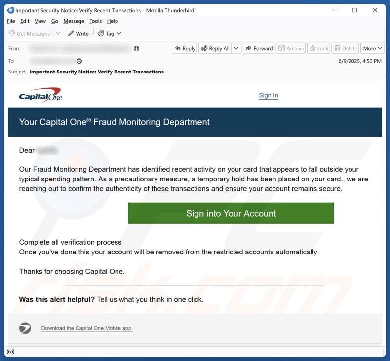 Capital One Fraud Monitoring Department email spam campaign