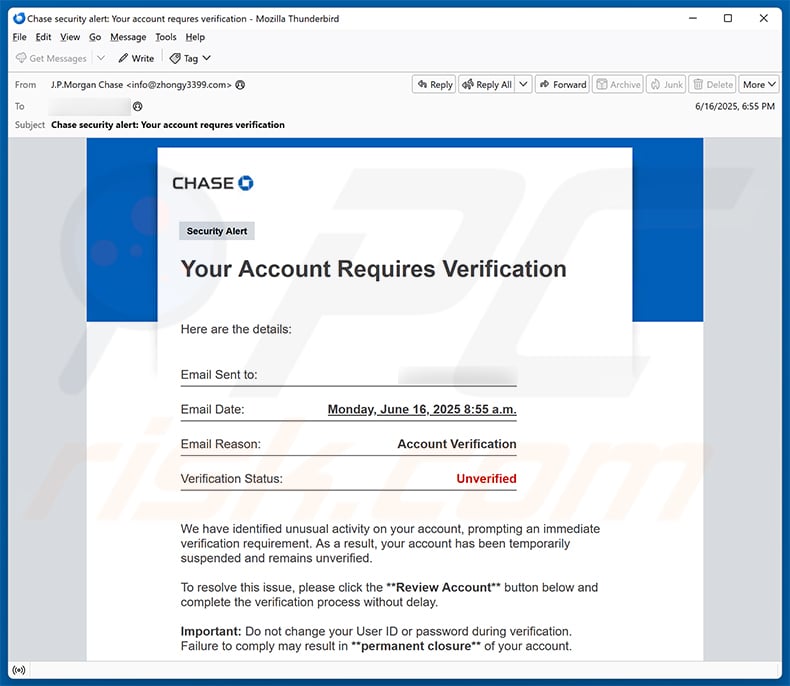 Chase - Account Verification email scam (2025-06-18)