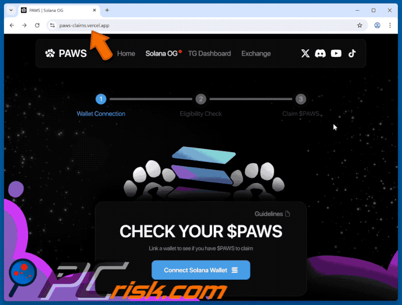 Appearance of the fake Claim $PAWS website (GIF)