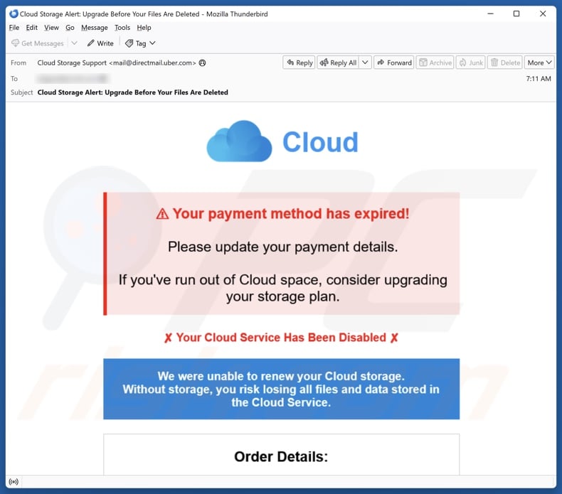 Cloud - Your Payment Method Has Expired email spam campaign
