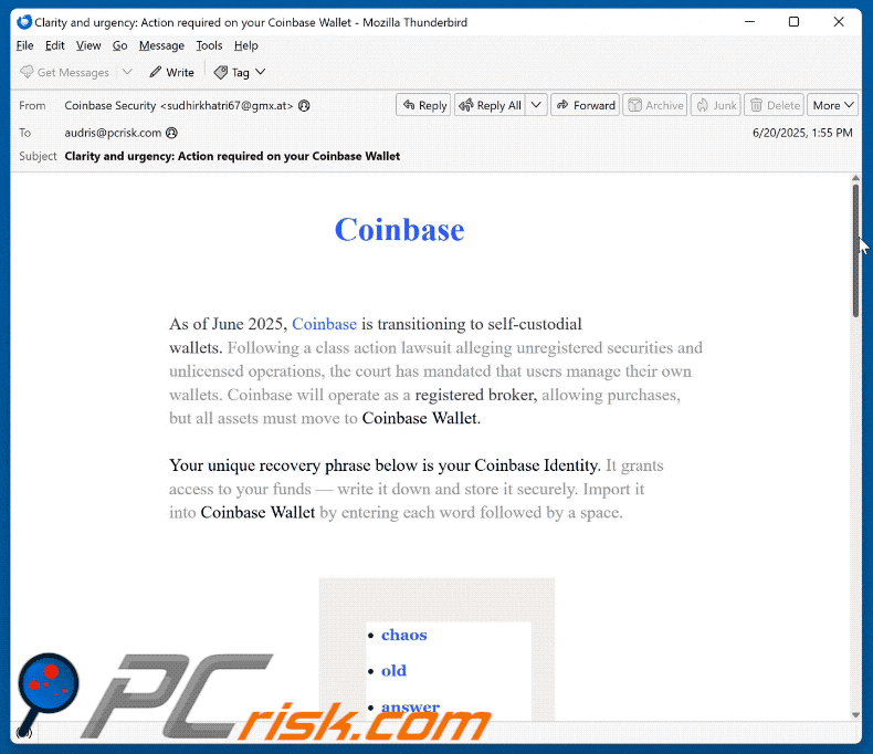 Coinbase Transition To Self-Custodial Wallets Email Scam appearance