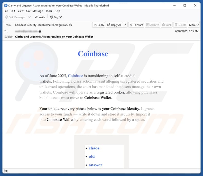 Coinbase Transition To Self-Custodial Wallets email spam campaign