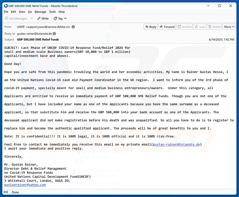 Covid-19 Response Fund Email Scam (2025-06-20)