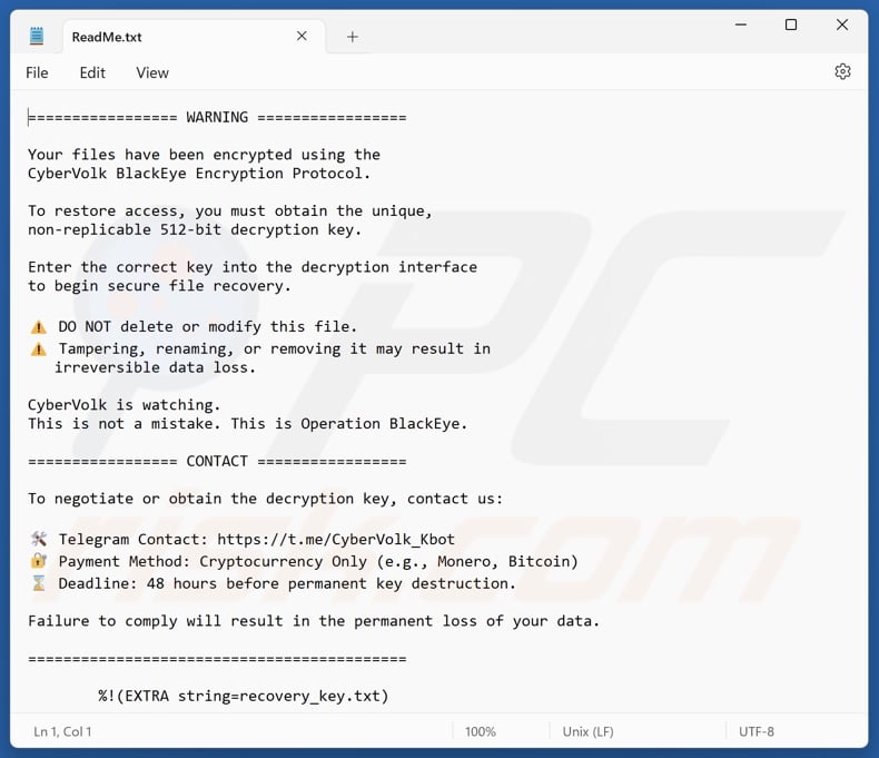 CyberVolk BlackEye ransomware ransom note (ReadMe.txt)