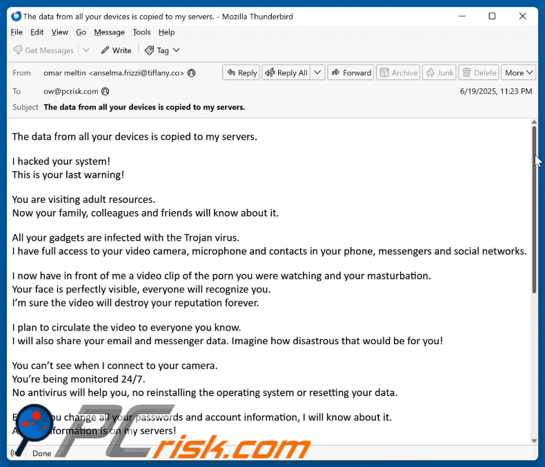 Data From All Your Devices Is Copied To My Servers scam email appearance (GIF)