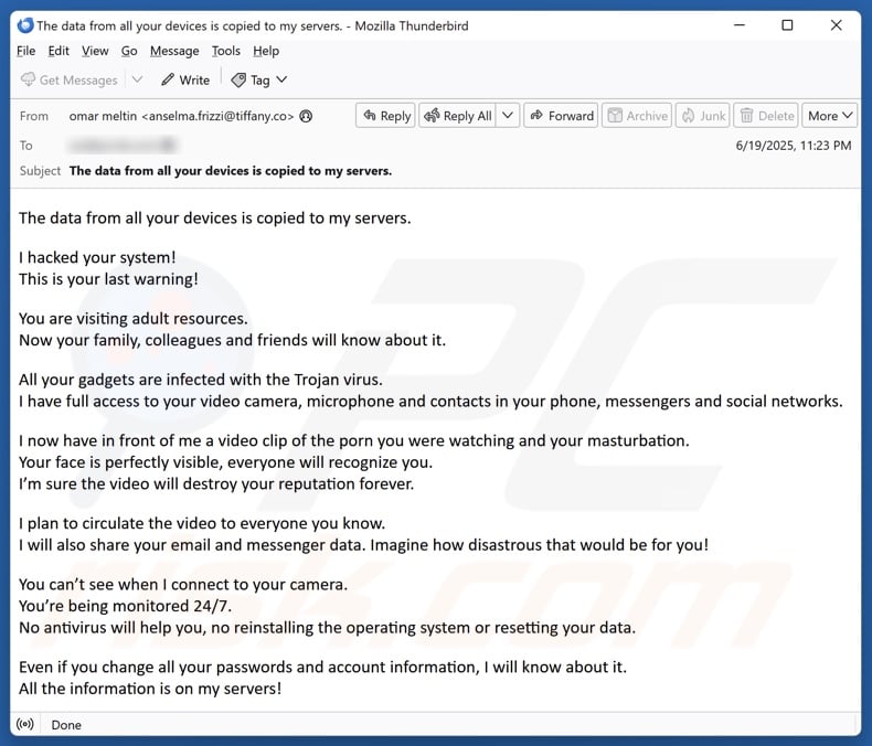 Data From All Your Devices Is Copied To My Servers email spam campaign