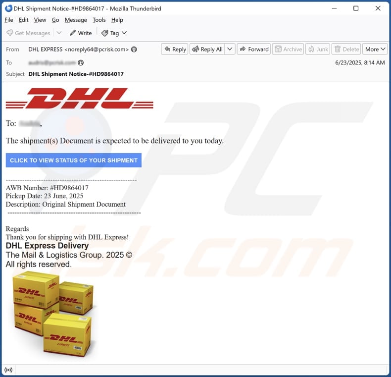 DHL - Shipment(s) Document Is Expected To Be Delivered email spam campaign