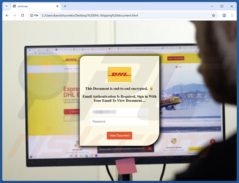 DHL - Shipping Container Document Invoice scam email promoted phishing file (DHL-Shipping document.html)