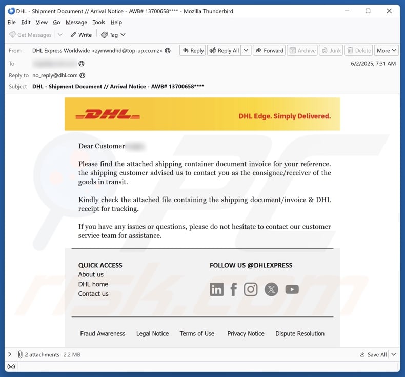 DHL - Shipping Container Document Invoice email spam campaign