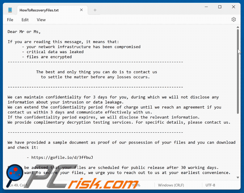 Dire Wolf Ransomware ransom note (HowToRecoveryFiles.txt)