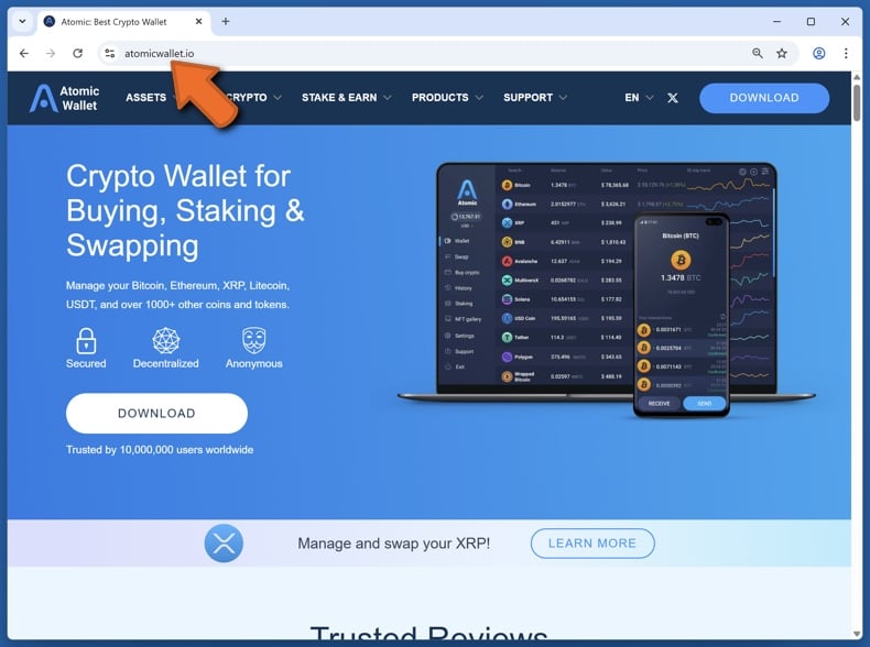 Appearance of the real Atomic Wallet website (atomicwallet.io)