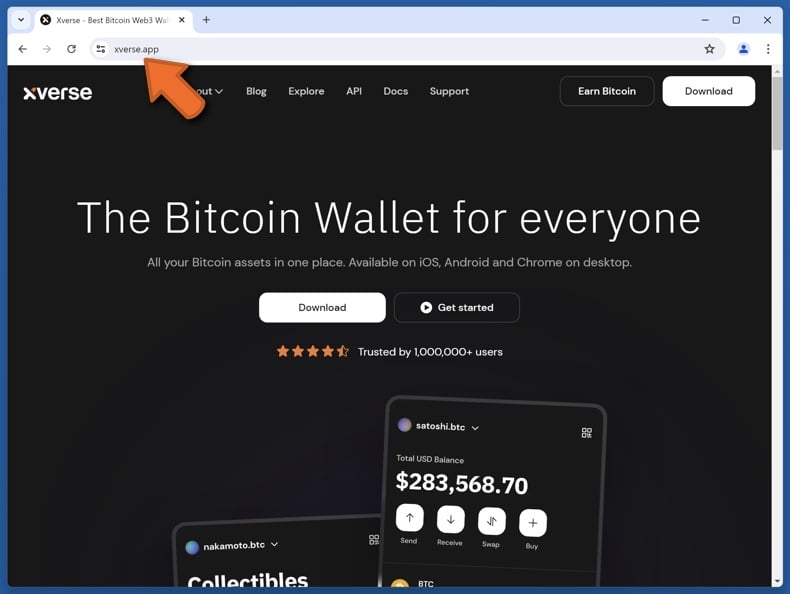 Appearance of the real Xverse website (xverse.app)