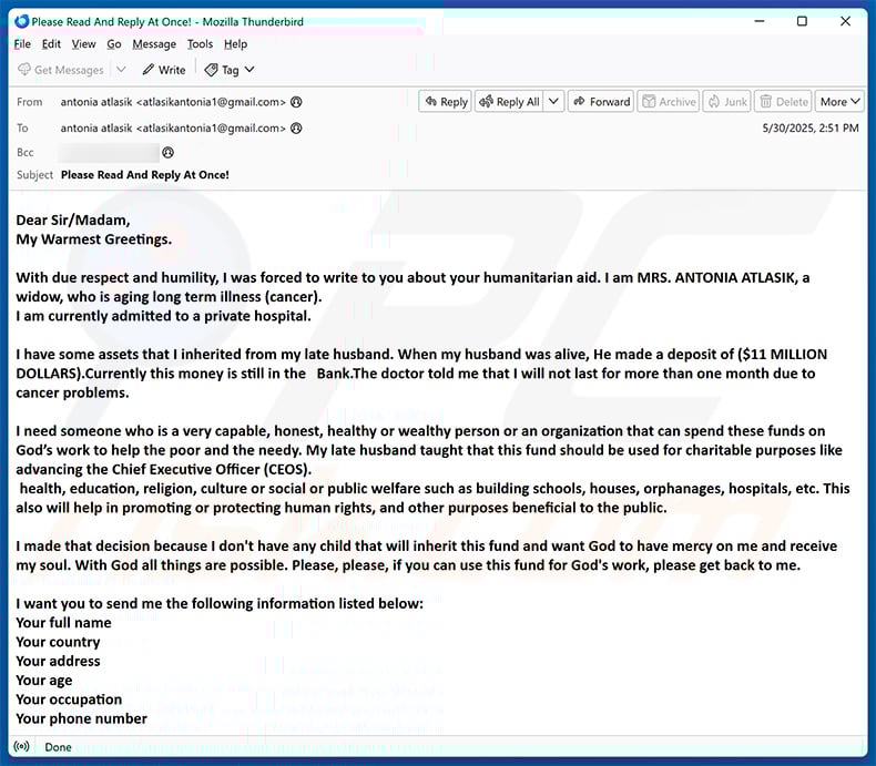 Fund For Gods Work email scam (2025-06-04)