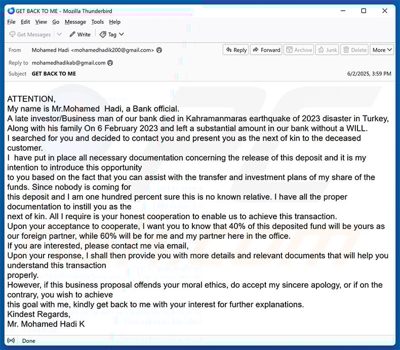 Fund release email scam (2025-06-04)