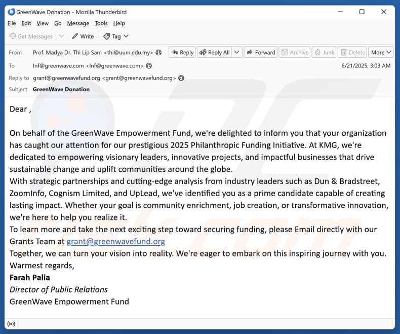 GreenWave Empowerment Fund email spam campaign
