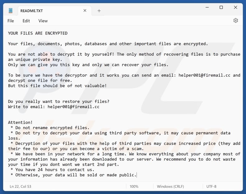 Helper ransomware text file (README.TXT)