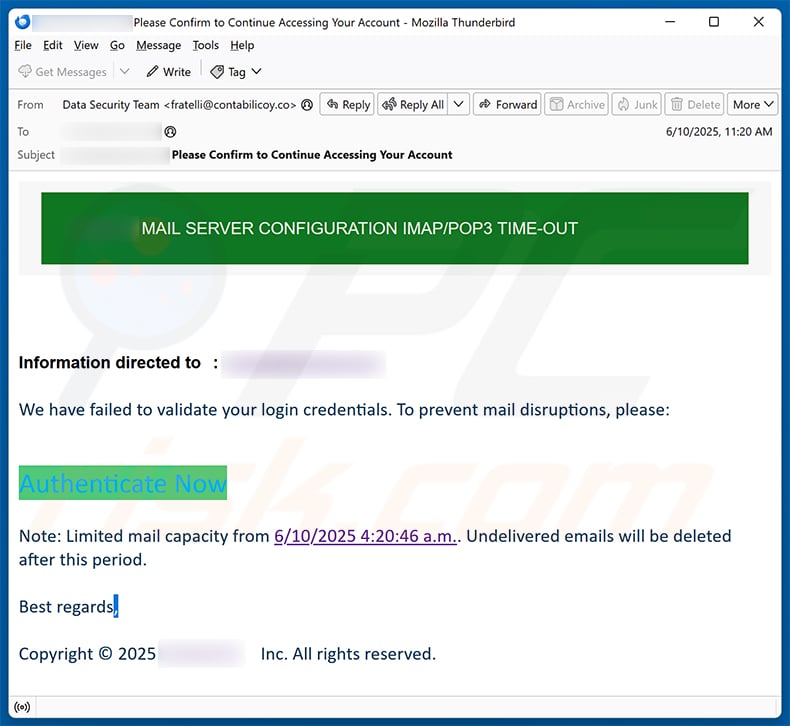 IMAP/POP3 TIME-OUT email scam (2025-06-16)