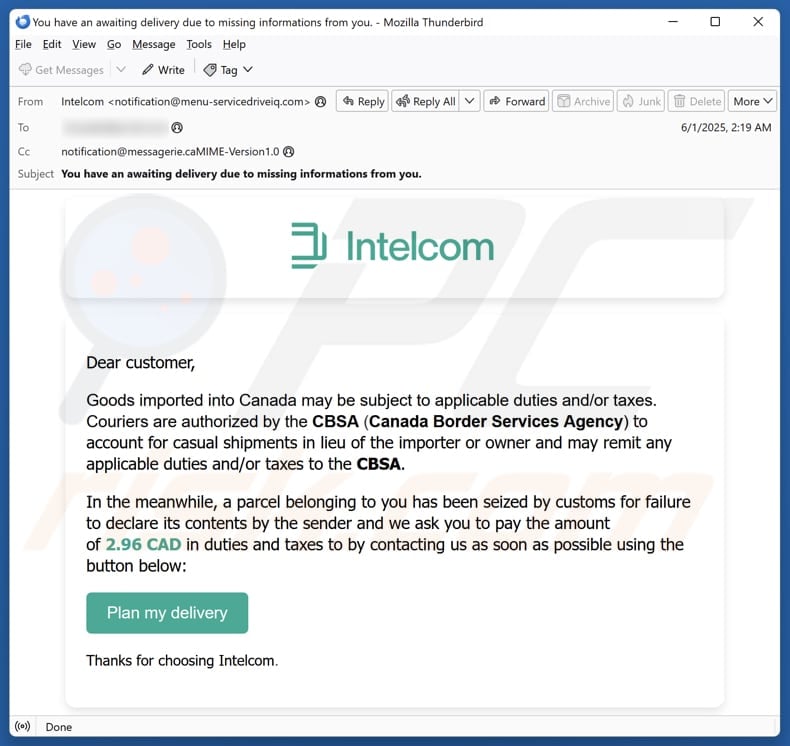 Intelcom email spam campaign