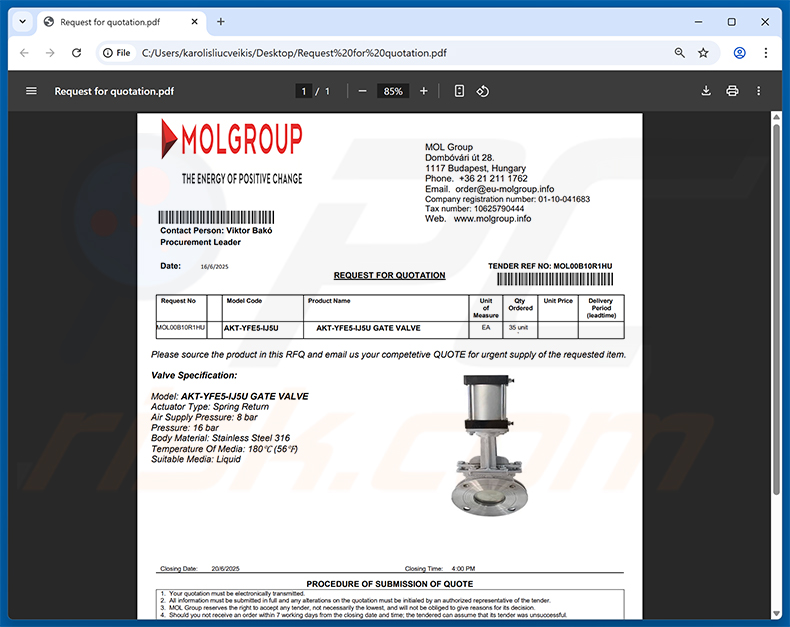 PDF document attached to Invitation To Supply Products email scam (2025-06-20)