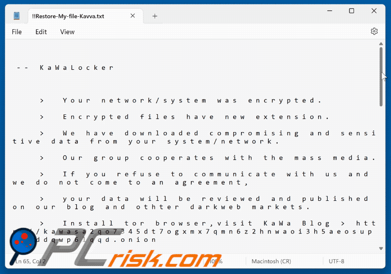 KaWaLocker ransomware ransom note (!!Restore-My-file-Kavva.txt) GIF