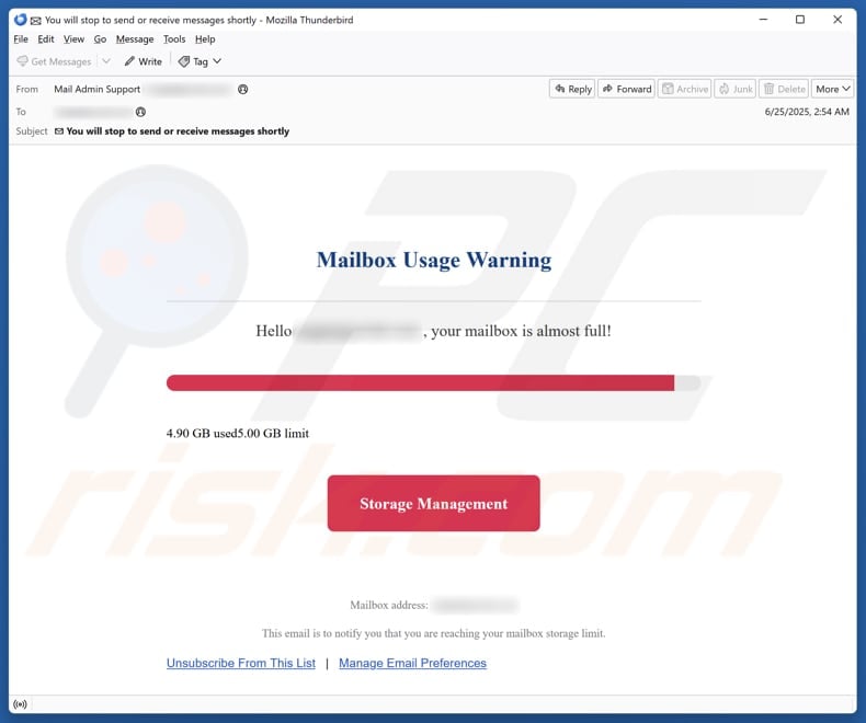 Mailbox Usage Warning email spam campaign