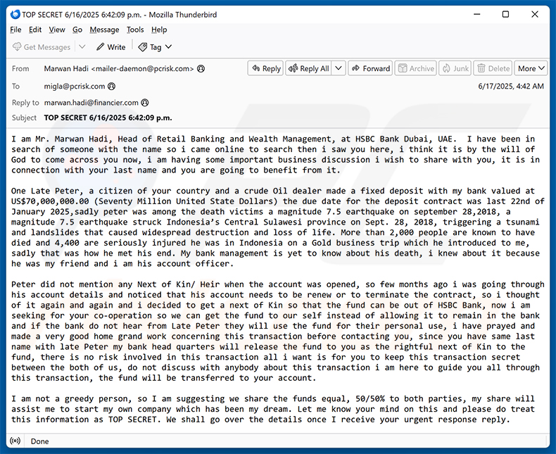 Moving Funds To Your Account email scam (2025-06-18)
