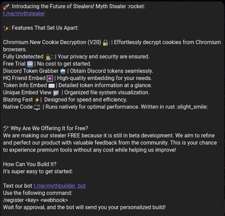 Myth Stealer promoted on telegram source trellix.com