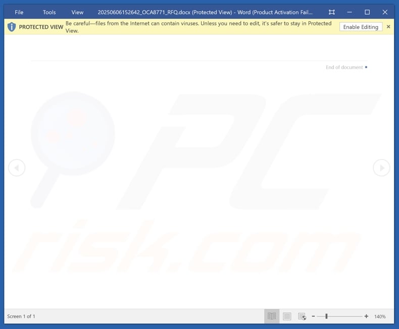 Malicious attachment distributed through Order Placement spam campaign (20250606152642_OCA8771_RFQ.docx)