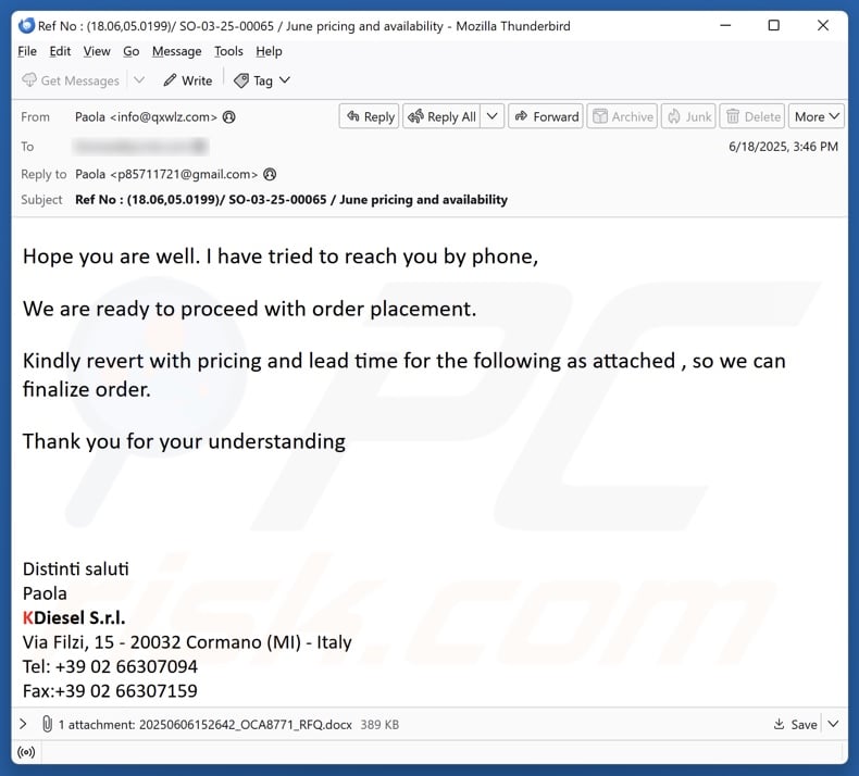 Order Placement malspam