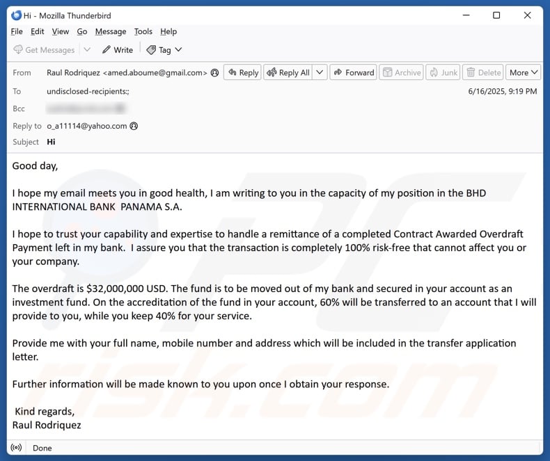 Overdraft Payment email spam campaign