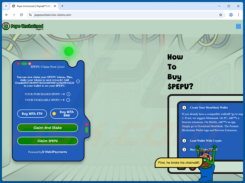 PEPU staking scam drainer website - pepeunchain.live-claims[.]com