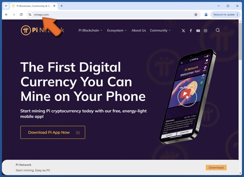 Appearance of the real Pi network website (minepi.com)