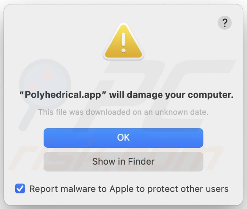 Pop-up displayed when Polyhedrical.app adware is detected on the system
