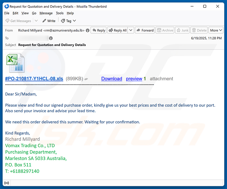 Purchase Order And Quotation Of Best Price email scam (2025-06-20)