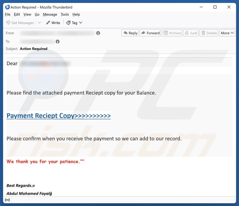 Receipt Copy email spam campaign